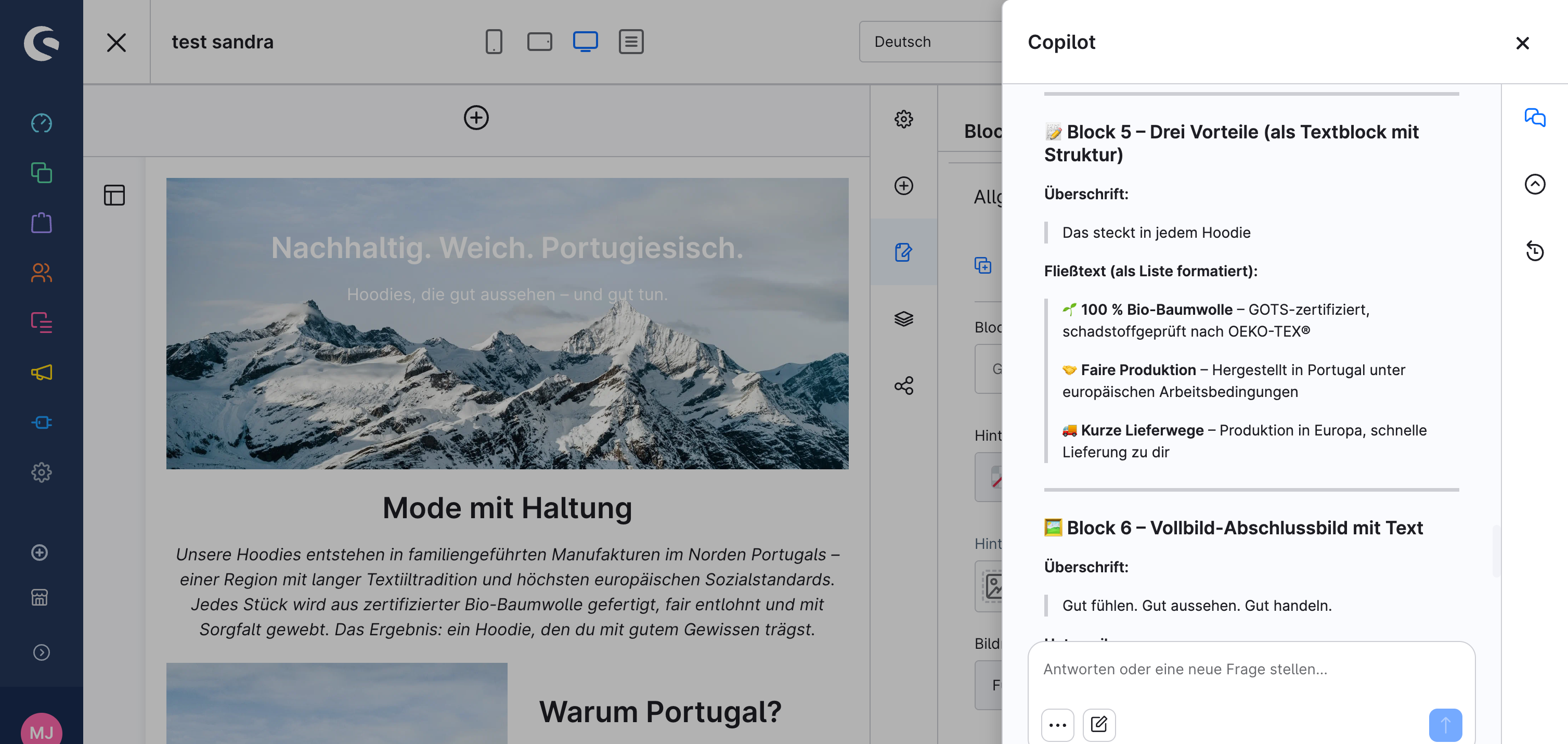 Shopware Copilot erzeugt eine Landingpage aus einem Prompt