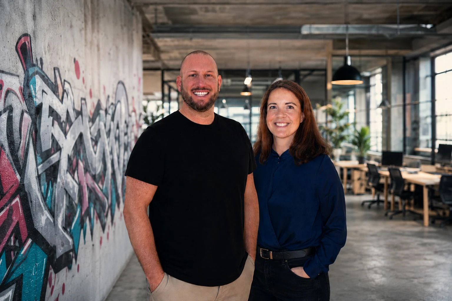 Sandra und Sebastian von SOWHAT! vor der Graffiti-Wand im Loft-Büro